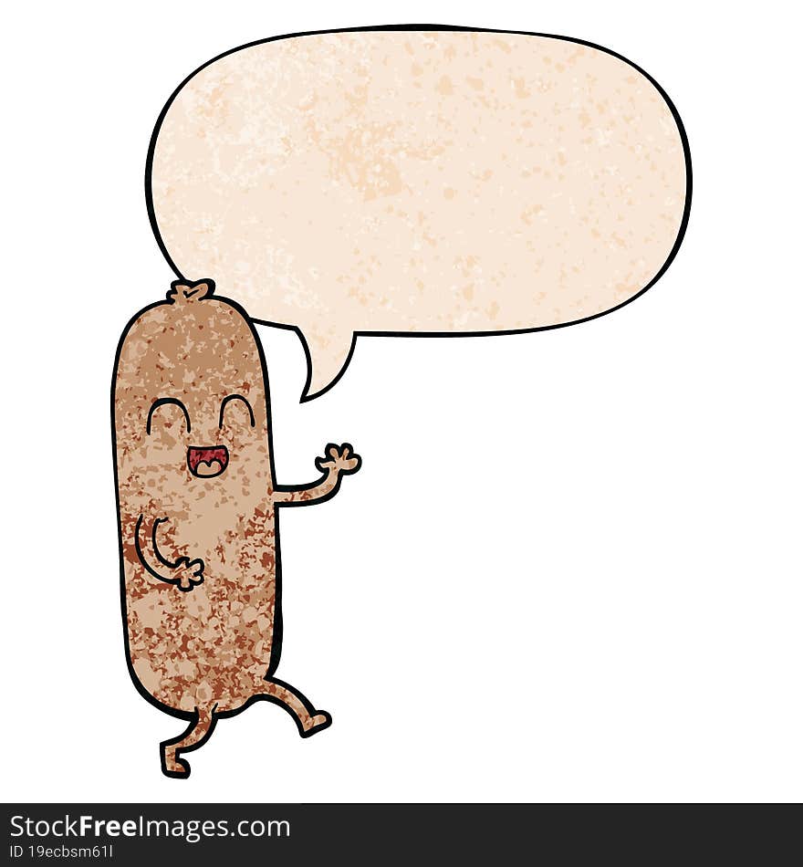 cartoon dancing sausage and speech bubble in retro texture style