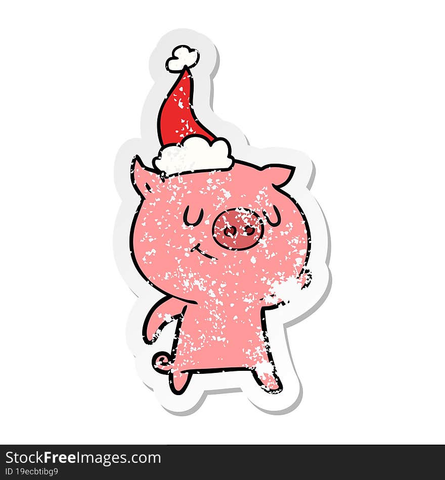 happy distressed sticker cartoon of a pig wearing santa hat