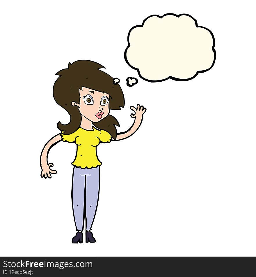 cartoon pretty woman waving with thought bubble