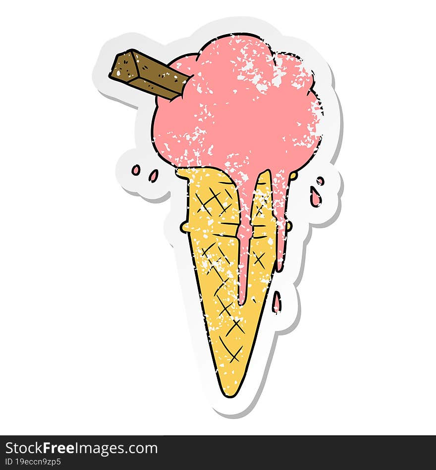 distressed sticker of a cartoon ice cream melting