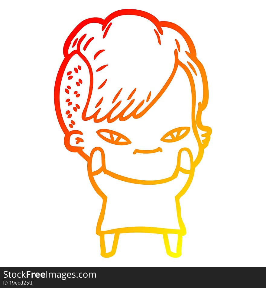 Warm Gradient Line Drawing Cute Cartoon Girl With Hipster Haircut