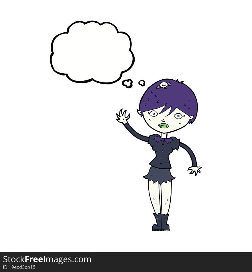 cartoon vampire girl waving with thought bubble