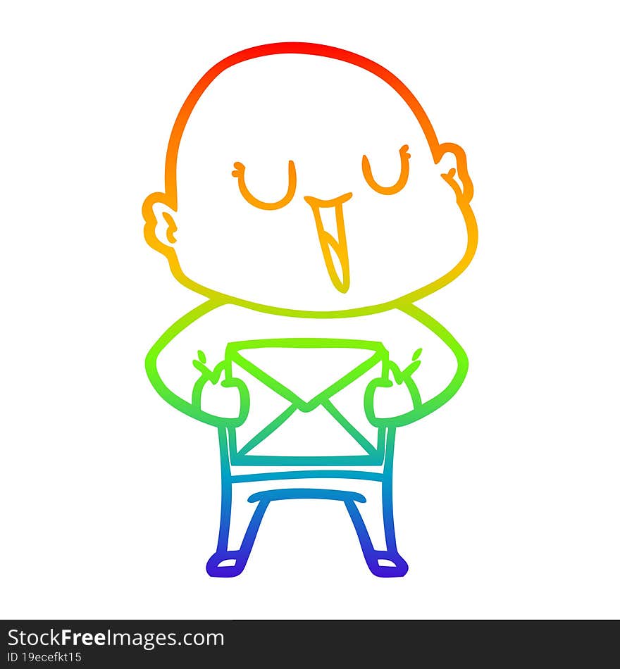 rainbow gradient line drawing happy cartoon bald man with package