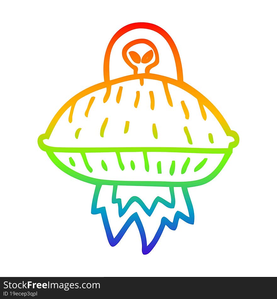 Rainbow Gradient Line Drawing Cartoon Alien Spaceship