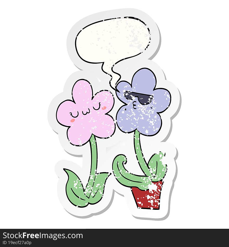 cute cartoon flower with speech bubble distressed distressed old sticker. cute cartoon flower with speech bubble distressed distressed old sticker