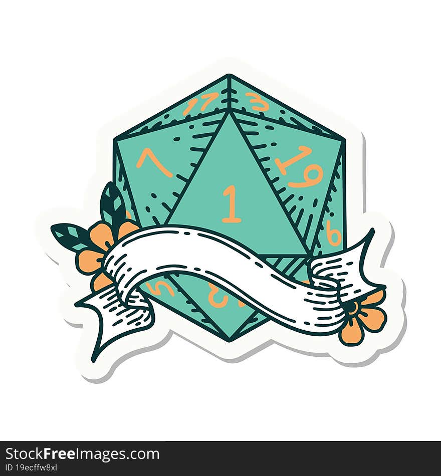 sticker of a natural one d20 dice roll. sticker of a natural one d20 dice roll