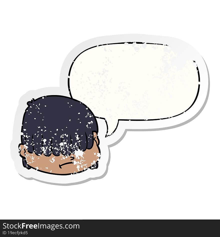 cartoon face and hair over eyes and speech bubble distressed sticker