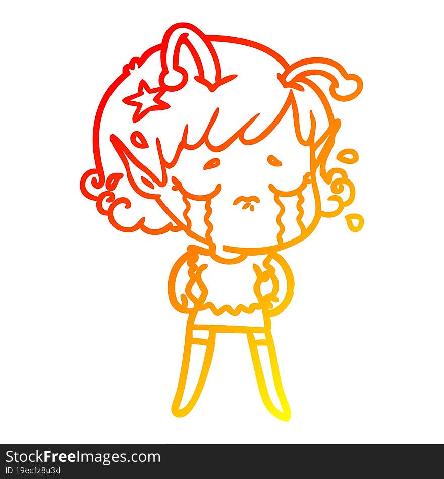 warm gradient line drawing of a cartoon crying alien girl