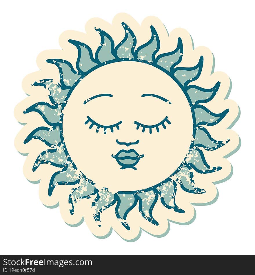 distressed sticker tattoo style icon of a sun with face