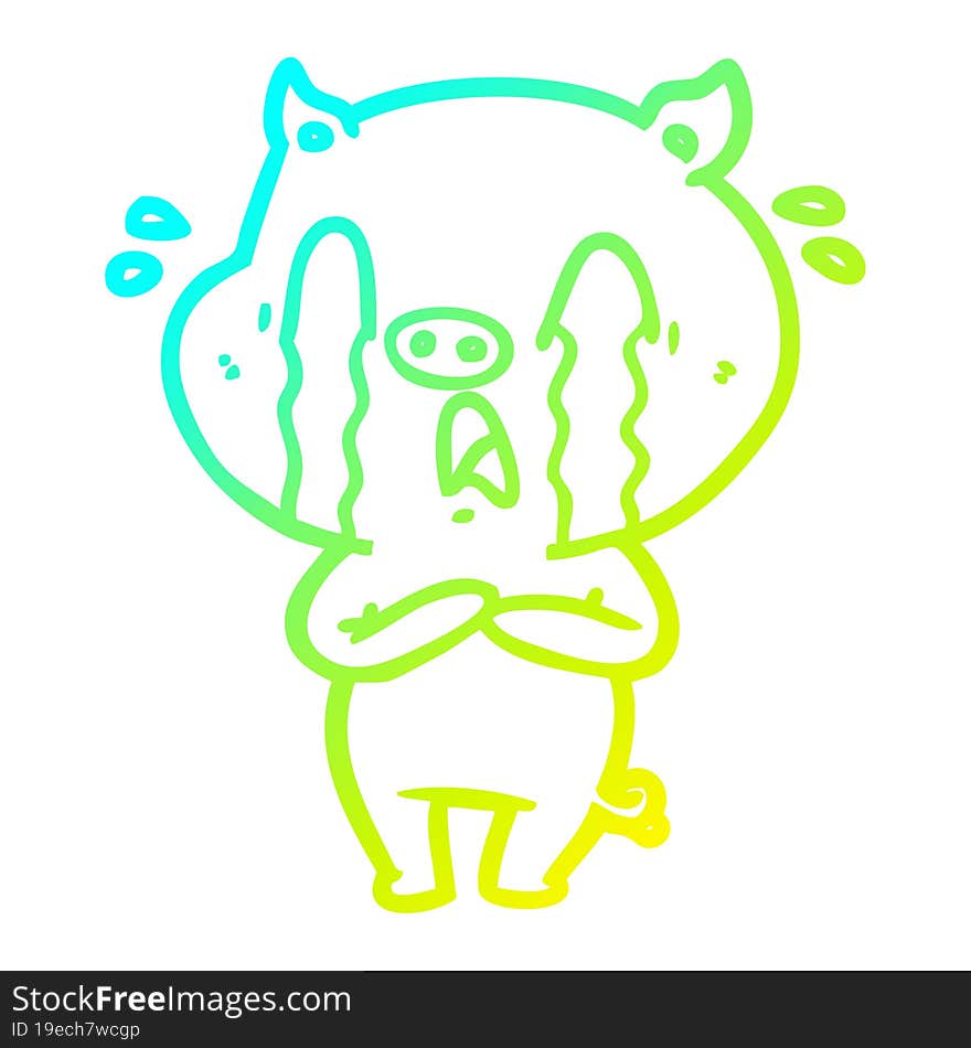 Cold Gradient Line Drawing Crying Pig Cartoon