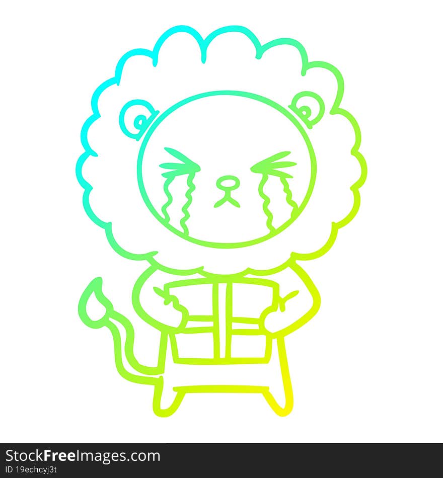 cold gradient line drawing cartoon crying lion with gift