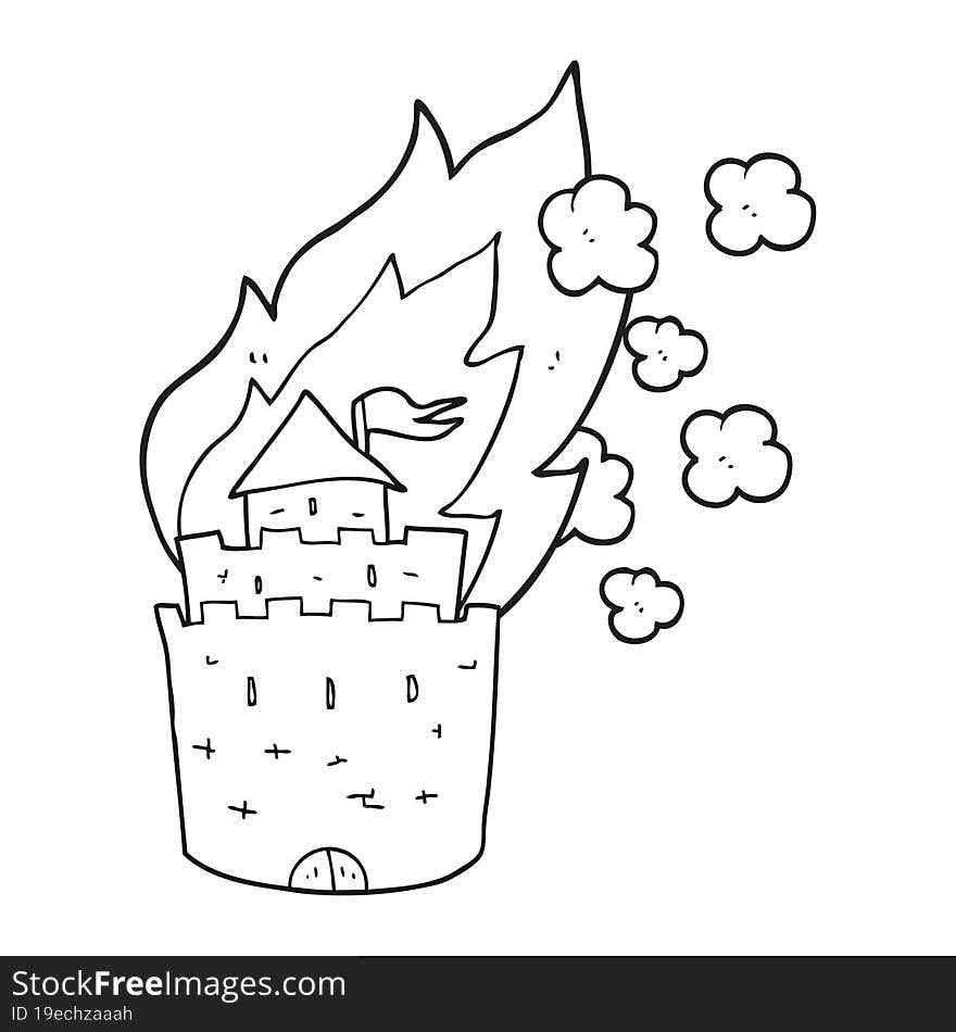 black and white cartoon burning castle