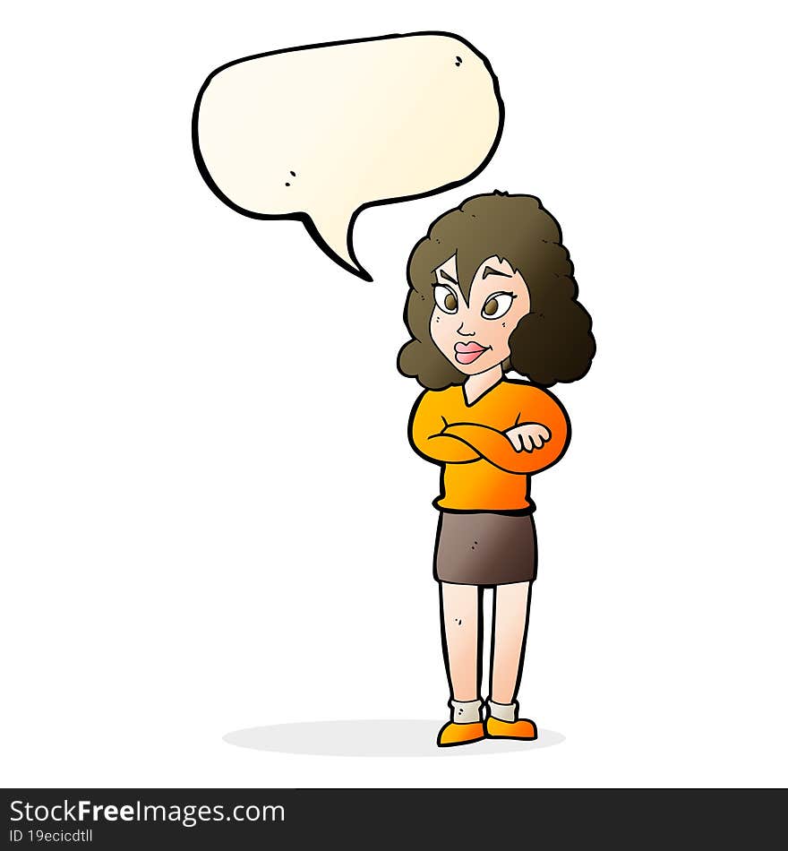 cartoon woman with crossed arms with speech bubble