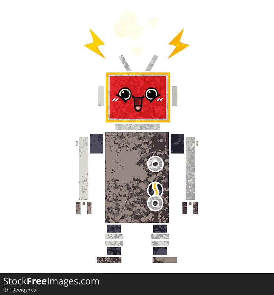 retro illustration style cartoon happy robot