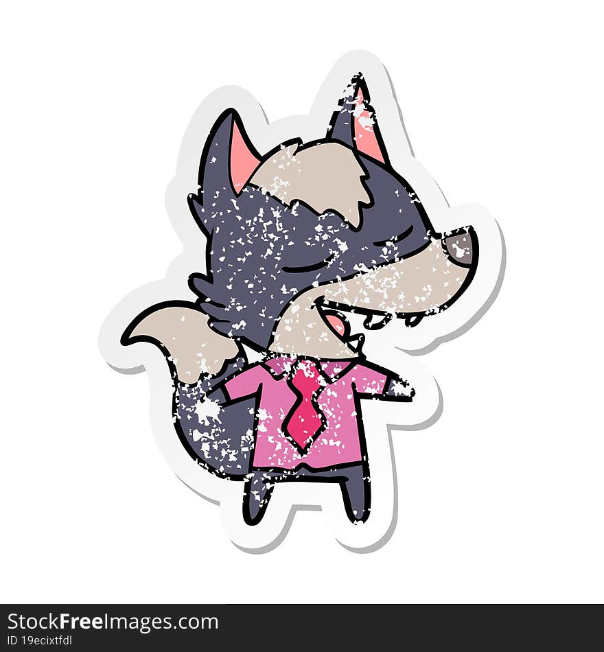 distressed sticker of a cartoon office wolf laughing