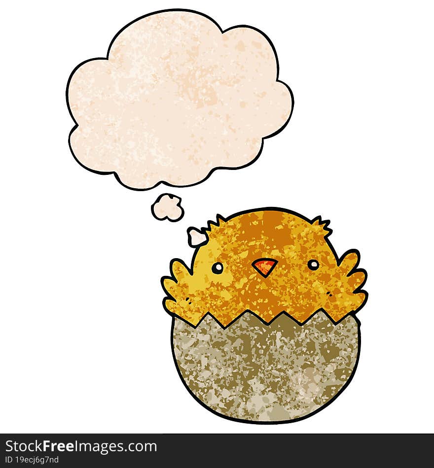 Cartoon Chick Hatching From Egg And Thought Bubble In Grunge Texture Pattern Style