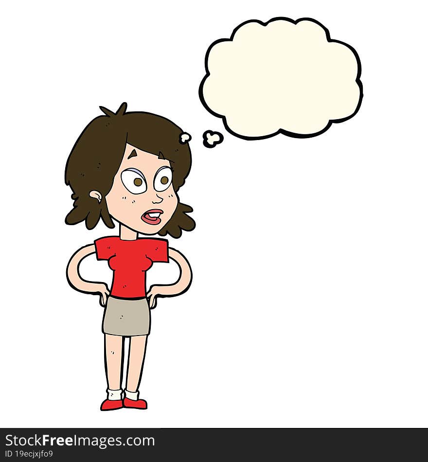 cartoon woman with hands on hips with thought bubble