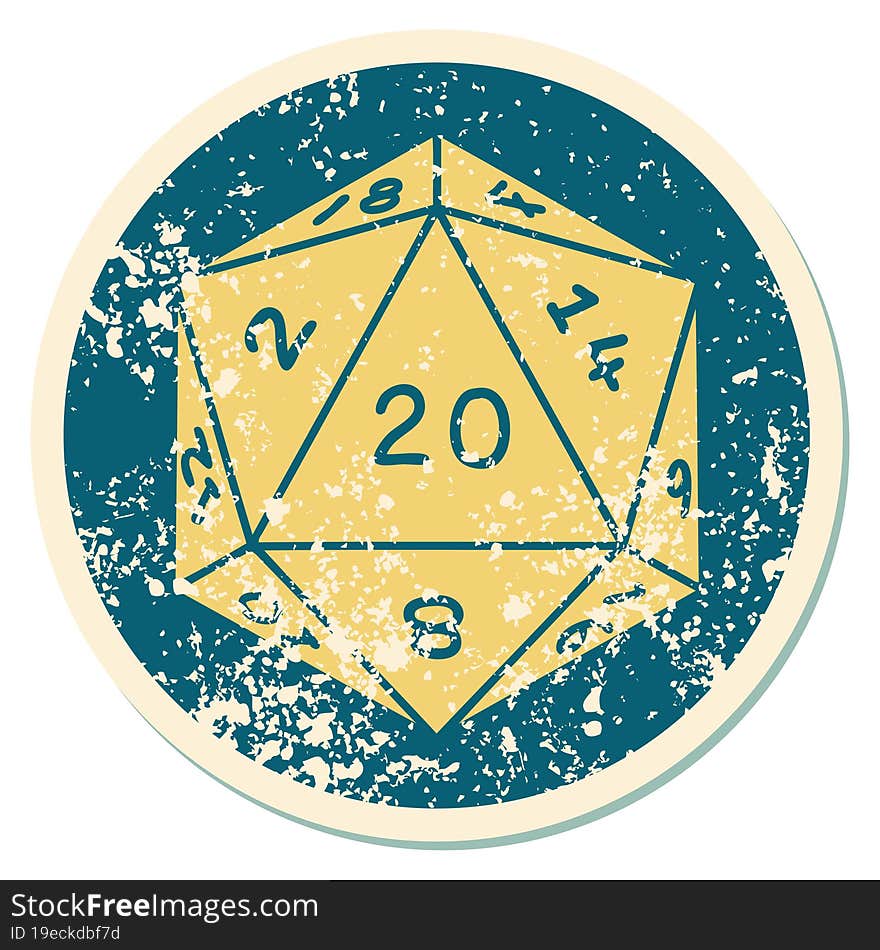 distressed sticker tattoo style icon of a d20 dice