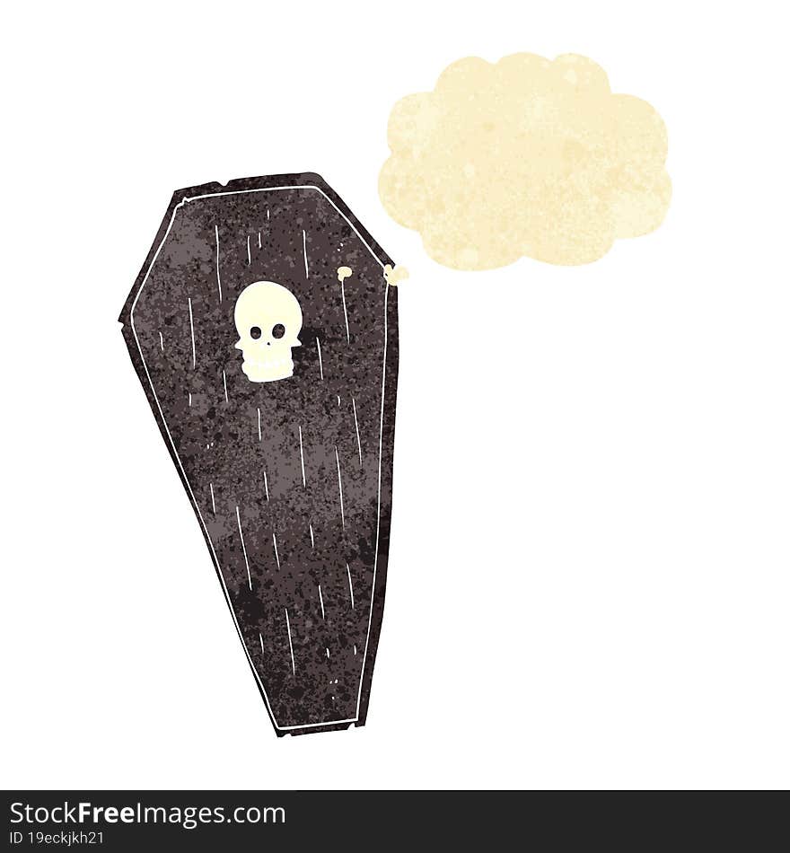 spooky cartoon coffin with thought bubble