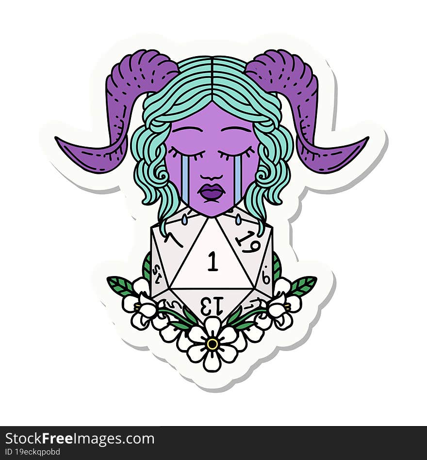 sticker of a crying tiefling with natural one D20 dice roll. sticker of a crying tiefling with natural one D20 dice roll