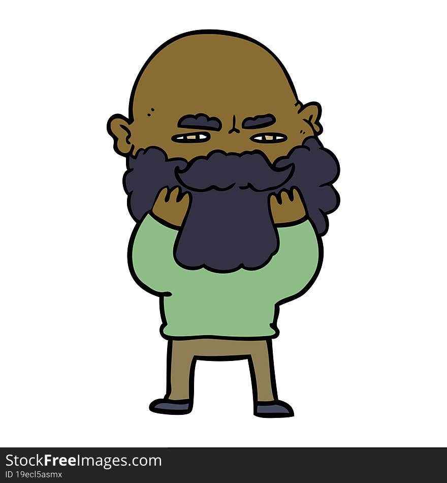 cartoon man with beard frowning checking his beard. cartoon man with beard frowning checking his beard