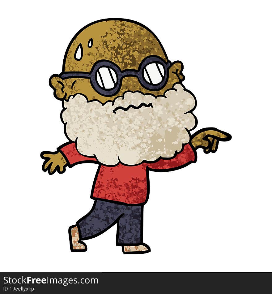 cartoon worried man with beard and spectacles pointing finger. cartoon worried man with beard and spectacles pointing finger