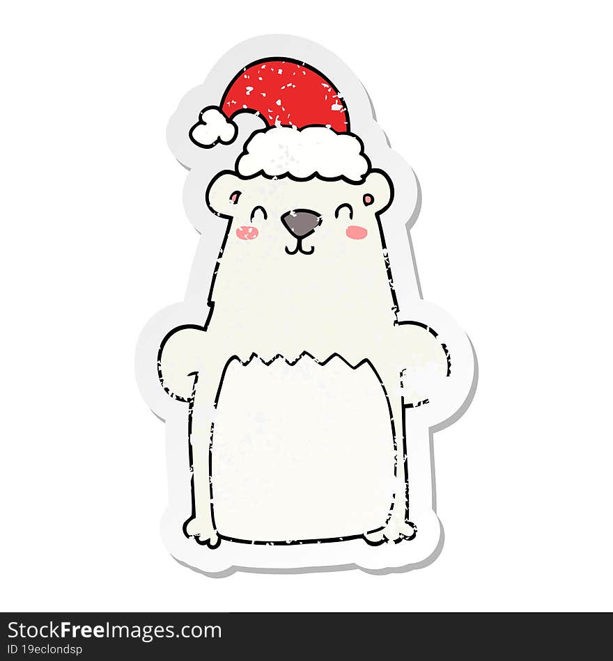 Distressed Sticker Of A Cartoon Bear Wearing Christmas Hat