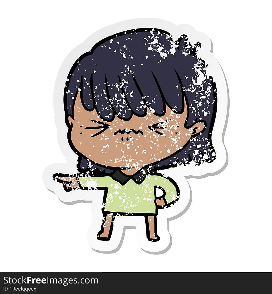 Distressed Sticker Of A Annoyed Cartoon Girl Making Accusation