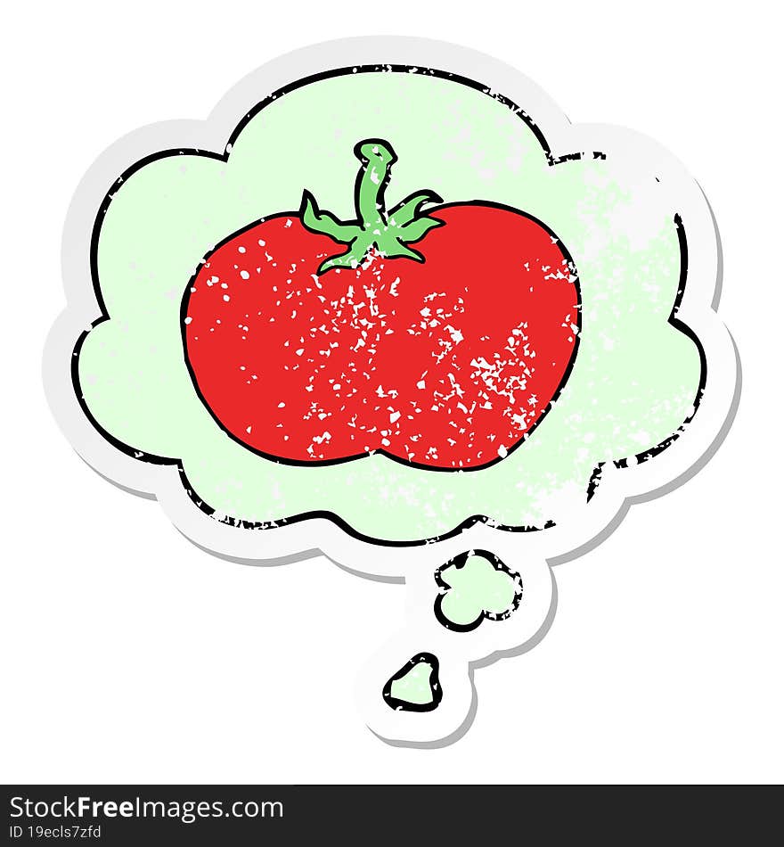 cartoon tomato and thought bubble as a distressed worn sticker