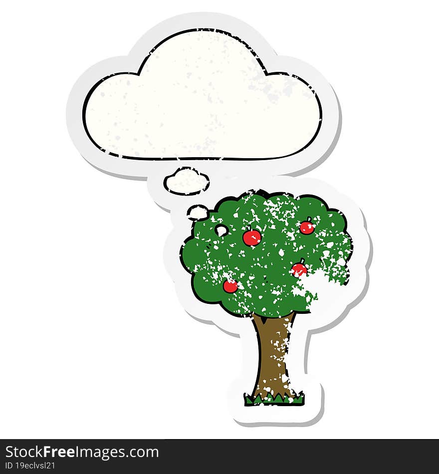 Cartoon Apple Tree And Thought Bubble As A Distressed Worn Sticker