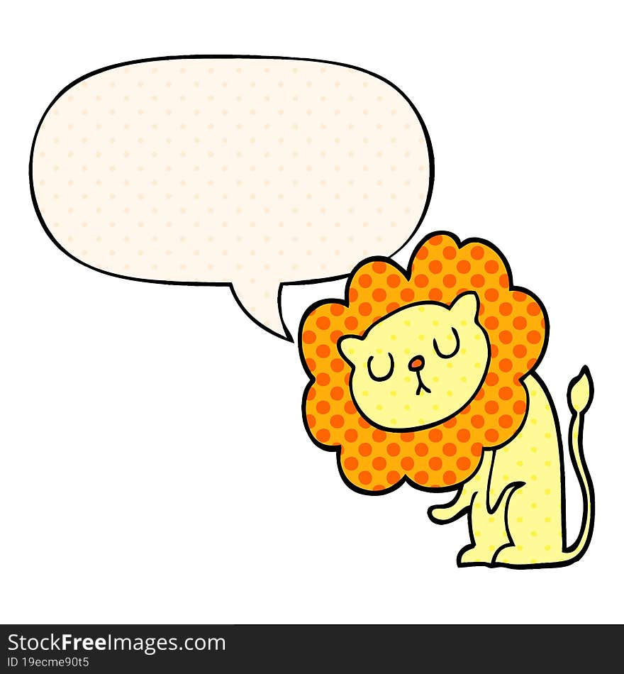 cute cartoon lion with speech bubble in comic book style