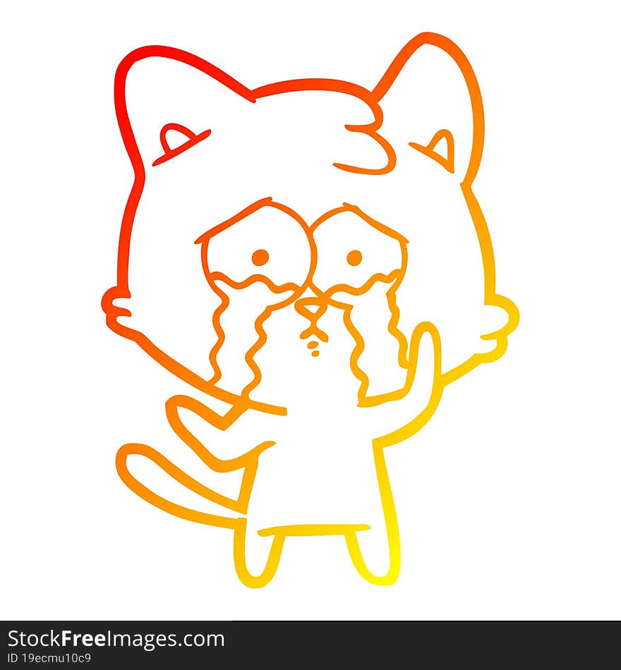 warm gradient line drawing of a cartoon crying cat