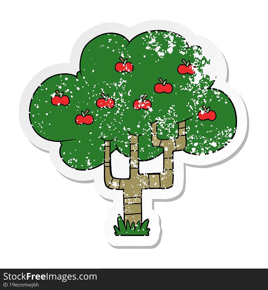 distressed sticker of a cartoon apple tree