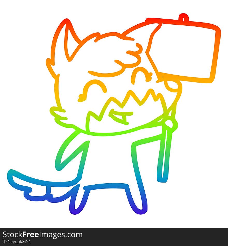 rainbow gradient line drawing of a happy cartoon fox