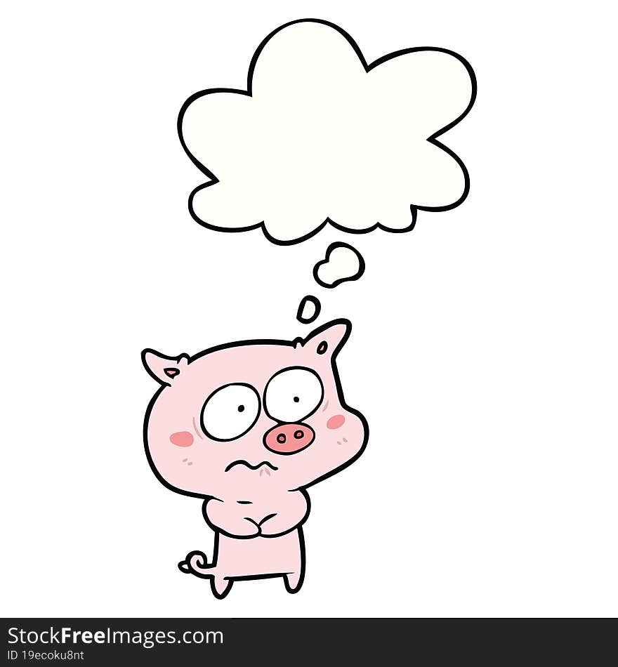 cartoon nervous pig and thought bubble