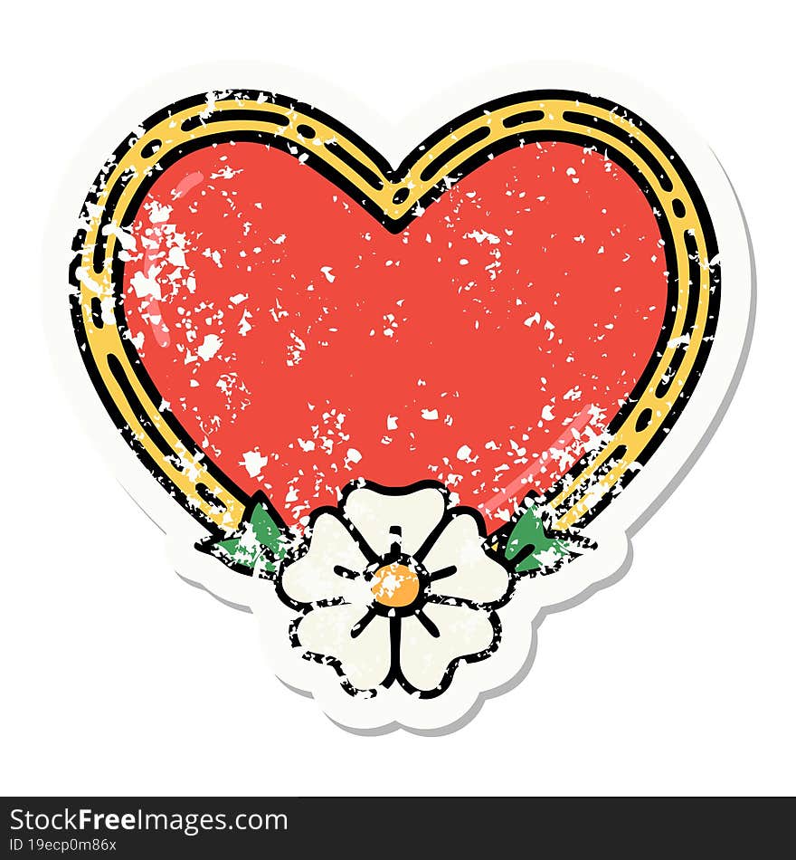 traditional distressed sticker tattoo of a heart and flower