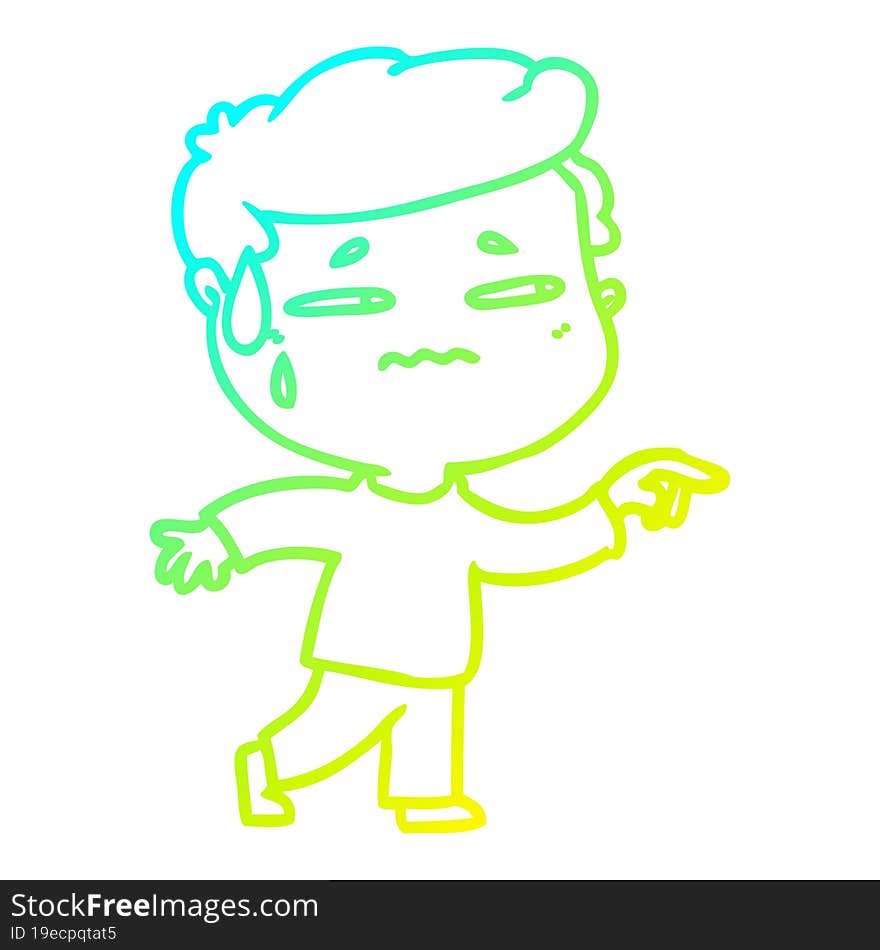 cold gradient line drawing of a cartoon anxious man pointing