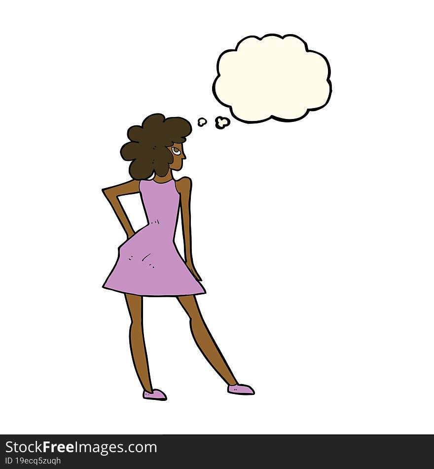 Cartoon Woman Posing In Dress With Thought Bubble