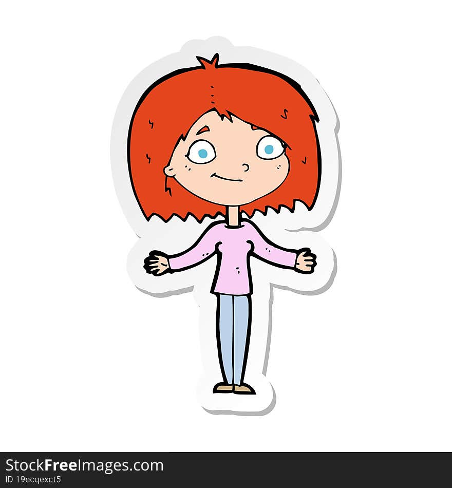 sticker of a cartoon woman shrugging shoulders