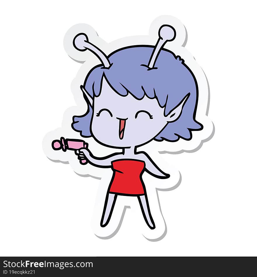 sticker of a cartoon alien girl laughing