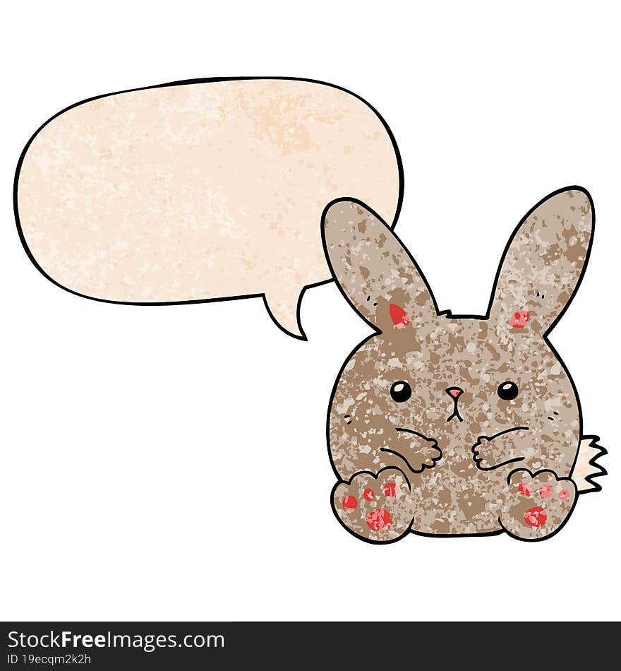 cartoon rabbit with speech bubble in retro texture style