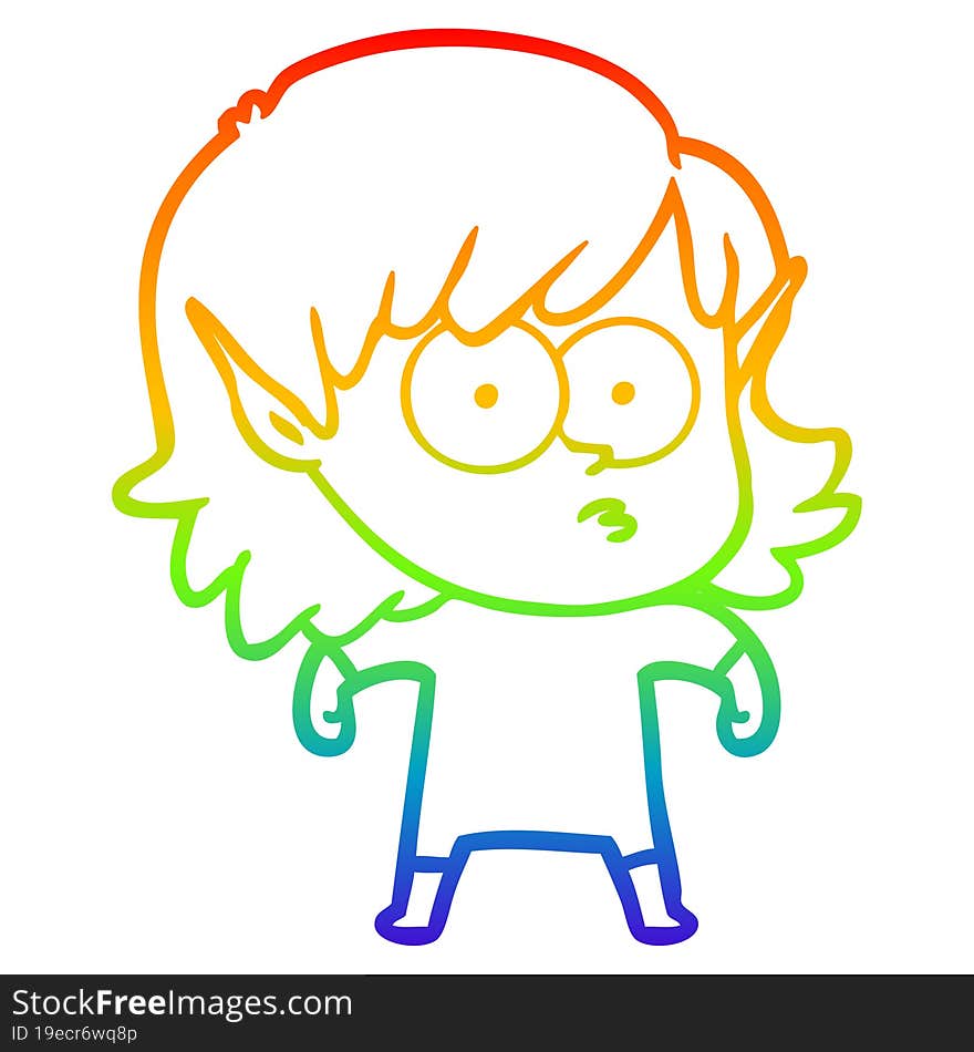 rainbow gradient line drawing cartoon elf girl staring