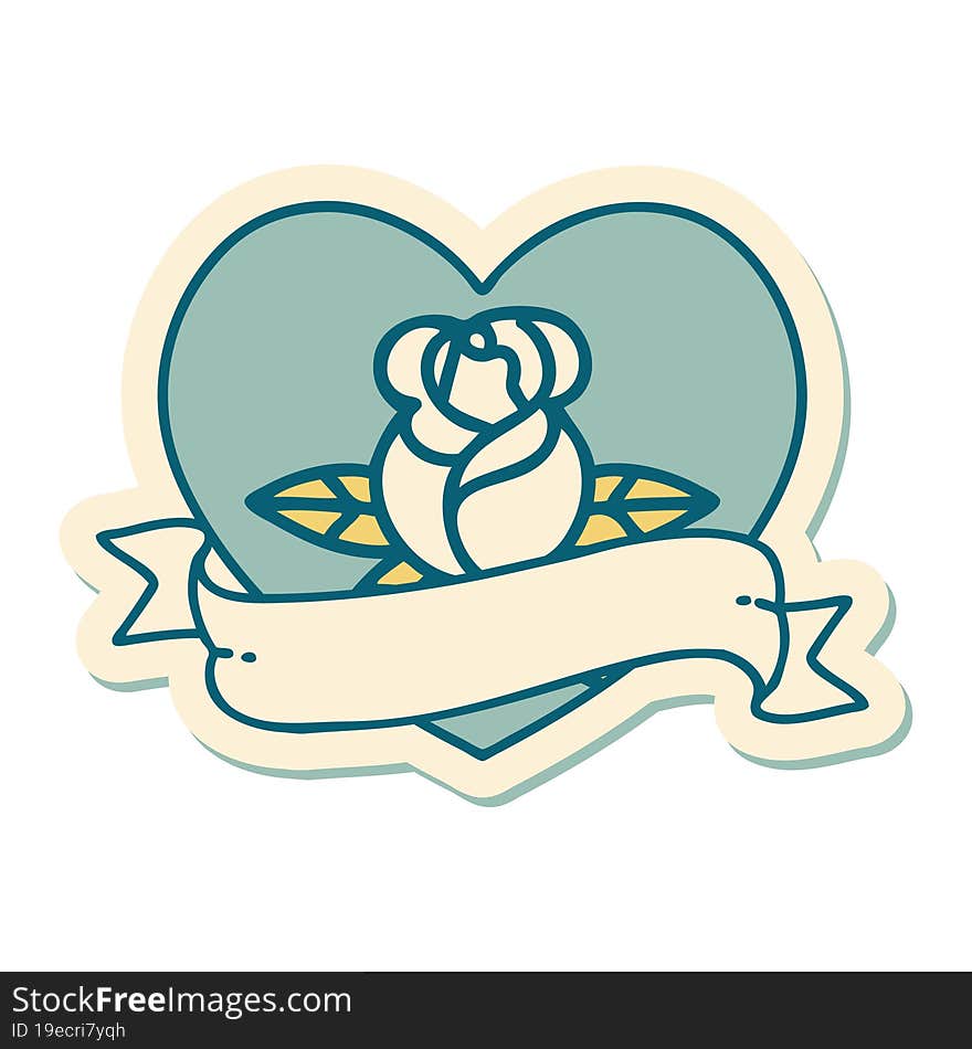 Tattoo Style Sticker Of A Heart Rose And Banner