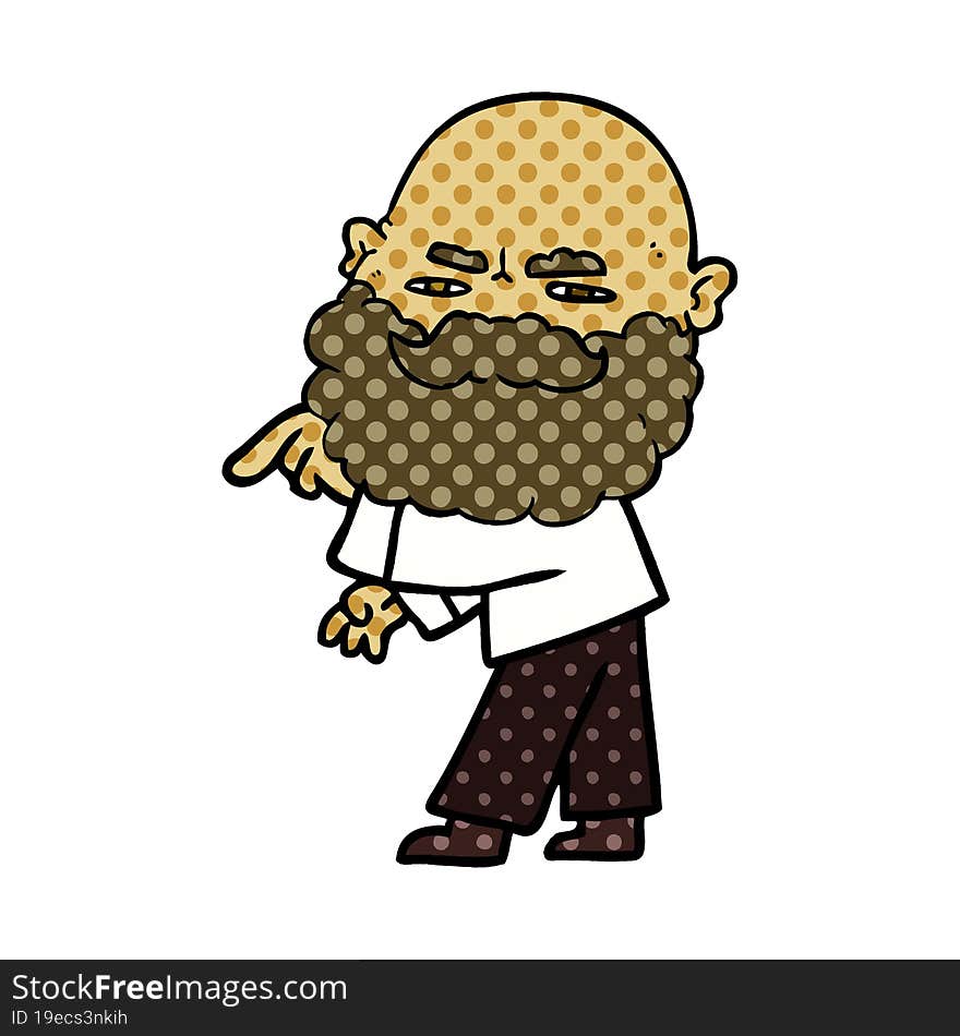 cartoon man with beard frowning and pointing. cartoon man with beard frowning and pointing