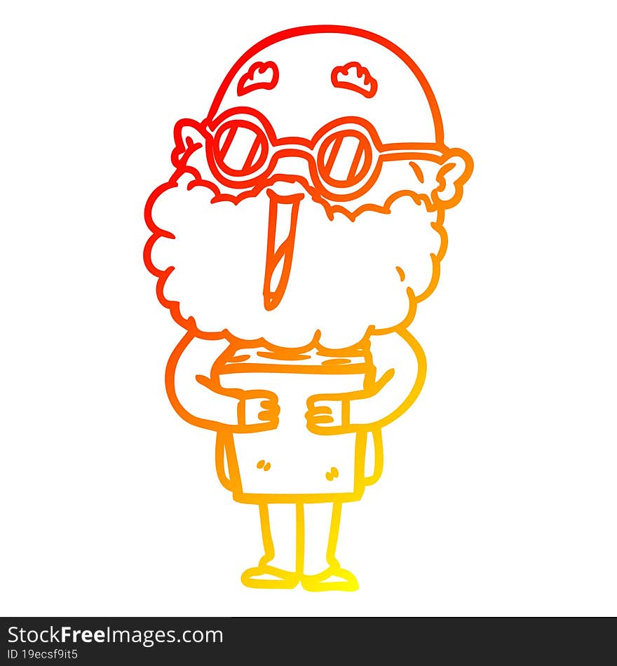 warm gradient line drawing of a cartoon joyful man with beard and book