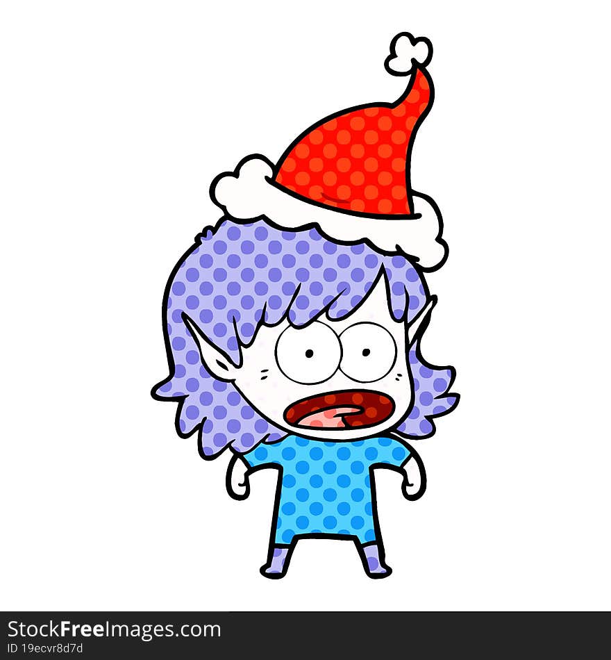 Comic Book Style Illustration Of A Shocked Elf Girl Wearing Santa Hat