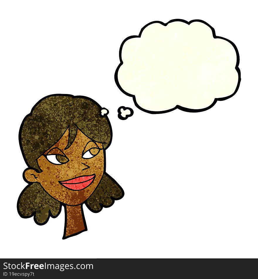 cartoon happy female face with thought bubble