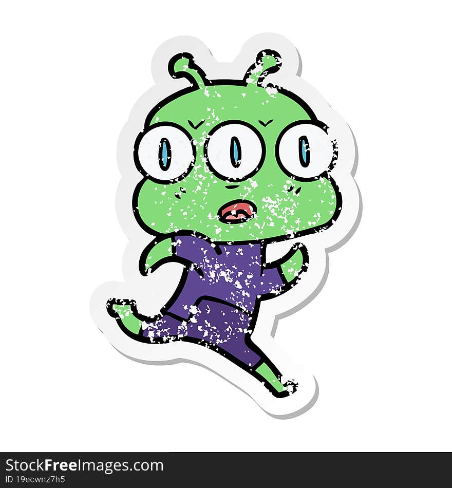 distressed sticker of a cartoon three eyed alien