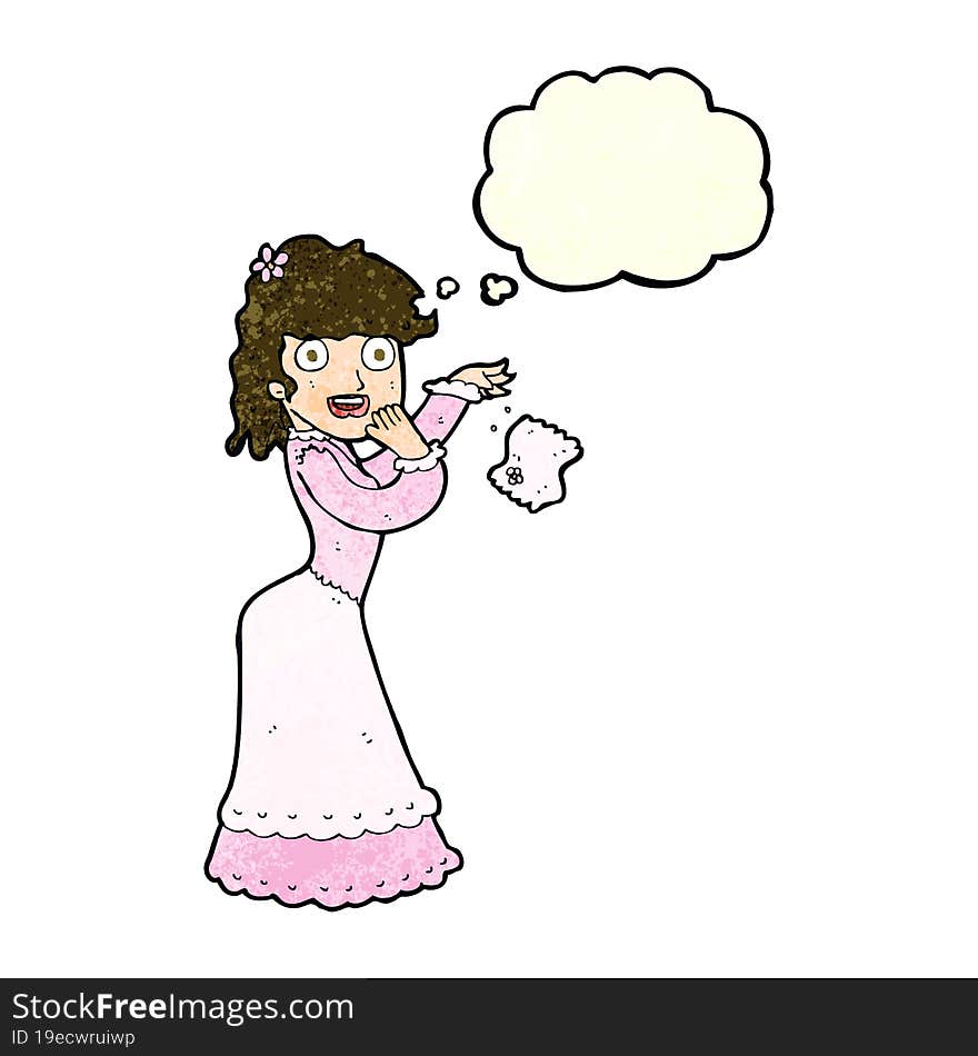 cartoon victorian woman dropping handkerchief with thought bubble