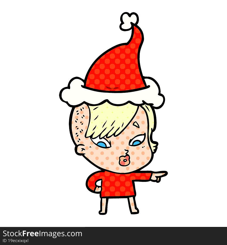 comic book style illustration of a surprised girl pointing wearing santa hat